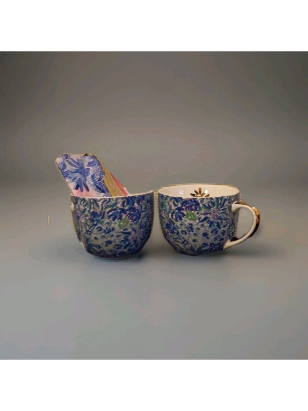 Lilly Pulitzer Floral Blue Purple Gold Coffee  Cups + Zip ID/Wallet & Key Ring